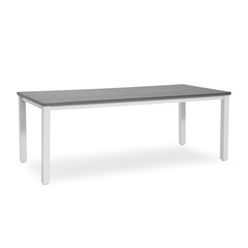 Hillerstorp Arlöv havebord i hvid aluminium og Gaumo bordplade