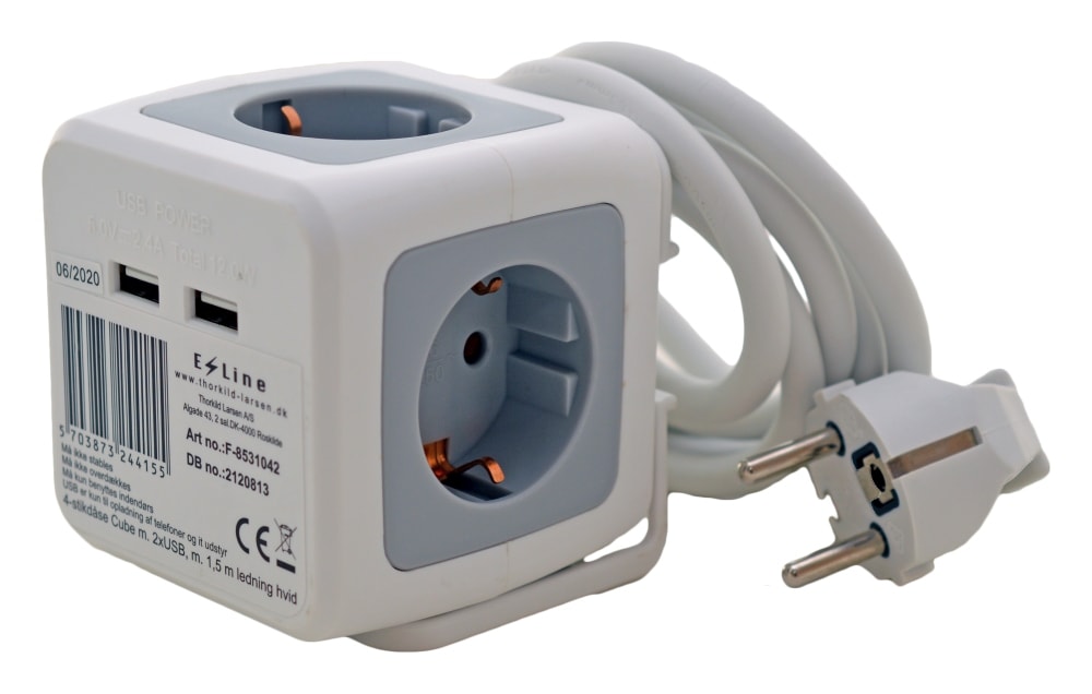 E-Line Cube 4-vejs stikdåse hvid med 2xUSB og ledning 1,5 meter