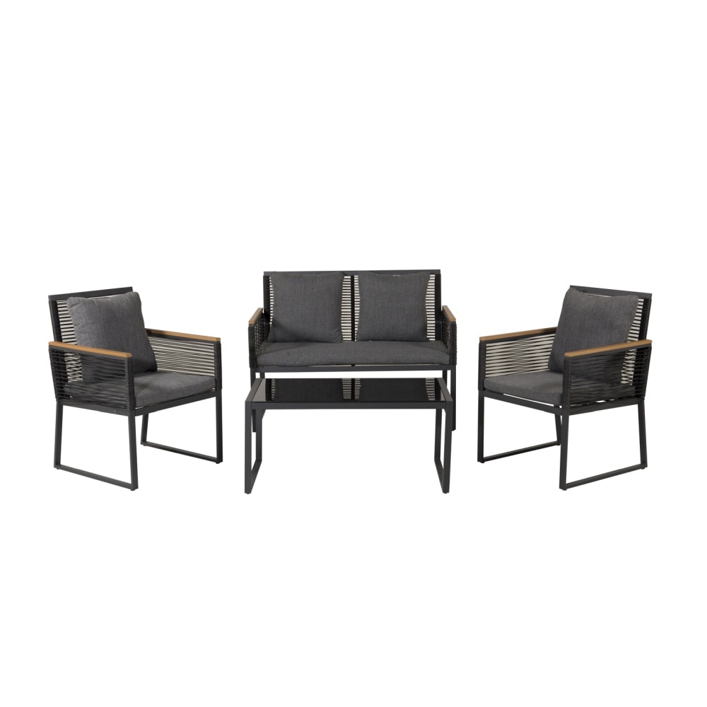 Venture Design Dallas loungesæt i sort alu/flet med glasplade og grå hynder