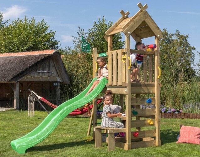 Jungle Gym Teepee legetårn komplet med grøn rutsjebane