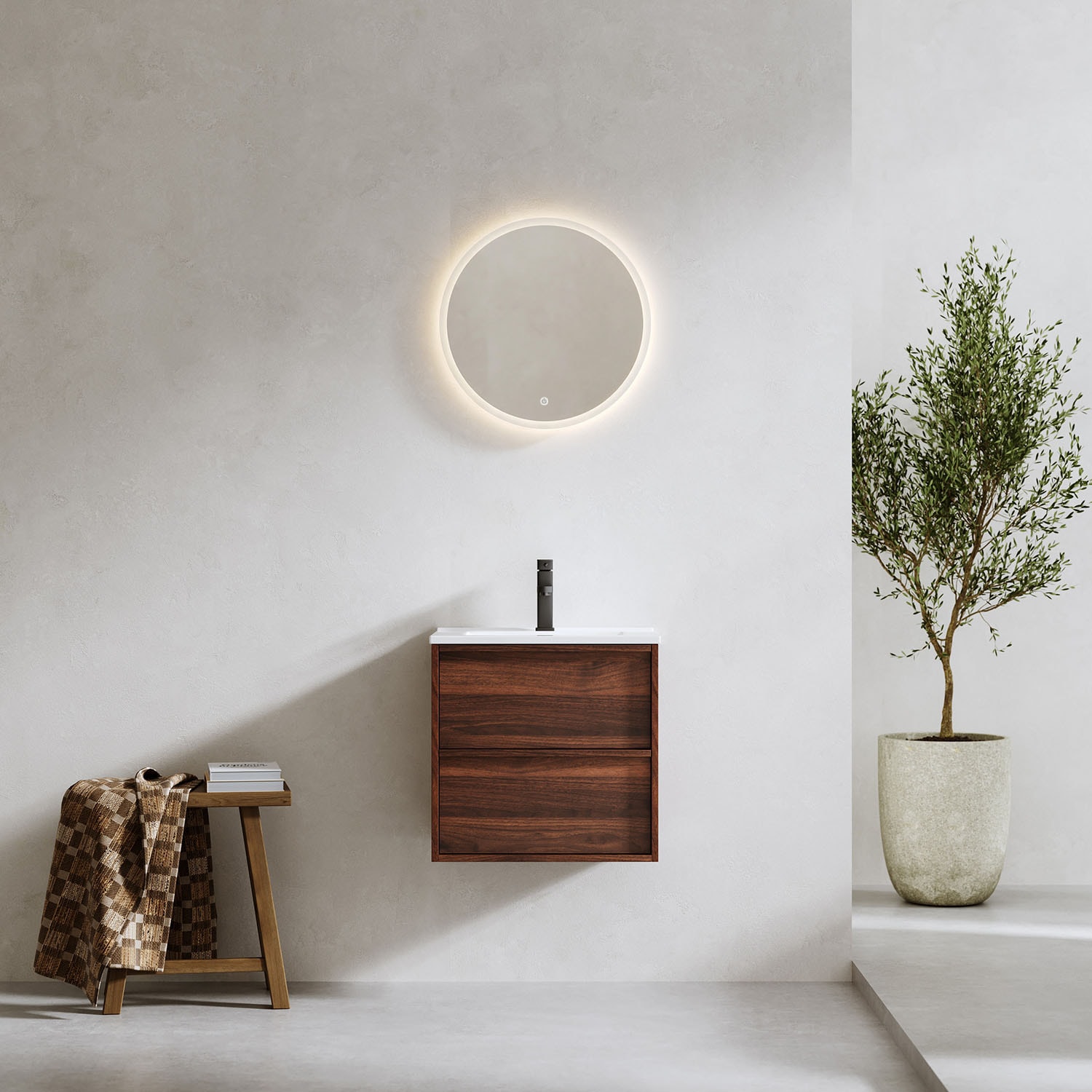 Bathlife Charm 1000 vaskeskab valnød med håndvask og Skina spejl