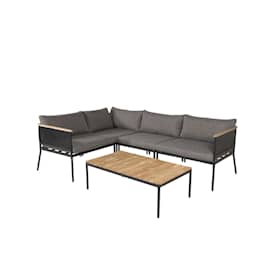 Venture Design Nettan loungesæt i sort stål med grå hynder og teak bord