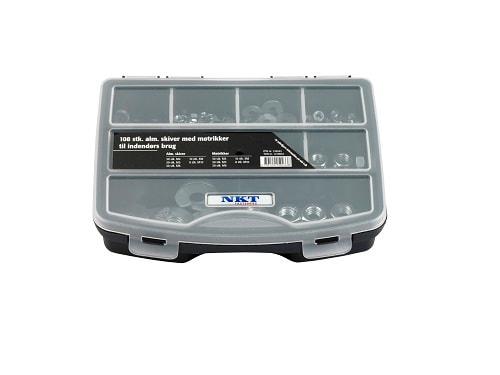 NKT sortimentskasse med skiver og møtrikker Elforzinket. 108 stk.