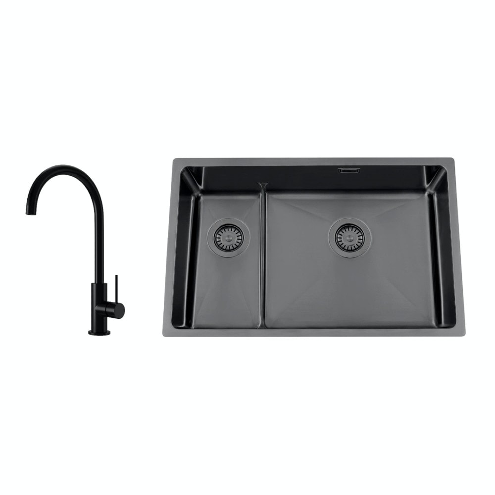 Nordic Tech Titan 73 KHX Nickel køkkenvask sort med PS Equip Shadow armatur