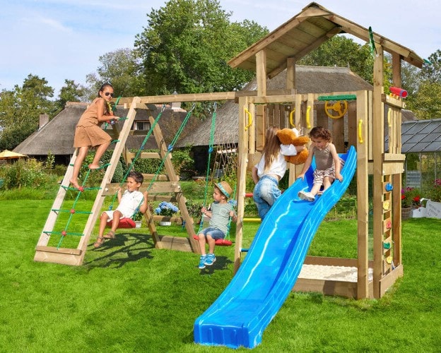 Jungle Gym Chalet 2.1 legetårn med 2-Climb Modul 220 og blå rutsjebane