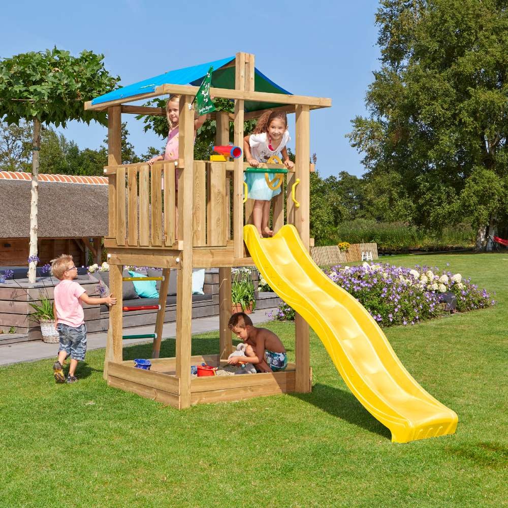 Jungle Gym Hut legetårn komplet med træpakke og rutsjebane