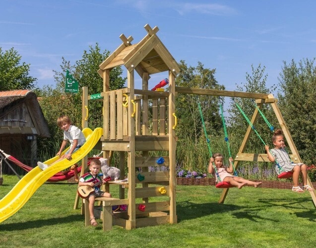 Jungle Gym Teepee legetårn komplet med 2-Swing Modul 200 og gul rutsjebane