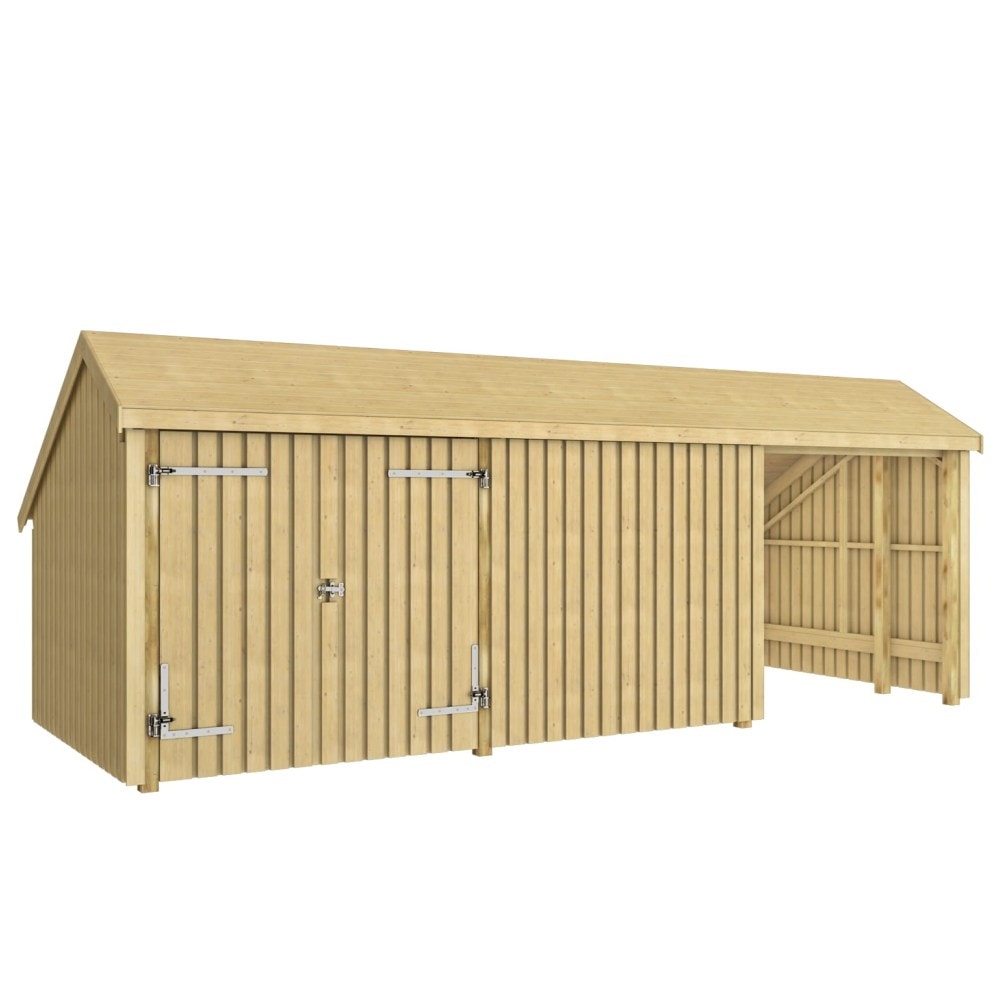 Plus Multi havehus ubehandlet 3 moduler åben/lukket front med dobbeltdør inkl. tagpap og alulister 15,5 m2