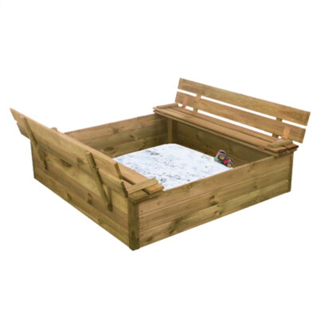 Nordic Play sandkasse med låg, bænke og 240 kg sand 120 x 120 x 29 cm