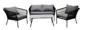 Venture Design Lindos sofagruppe i sort med grå hynder og sofabord