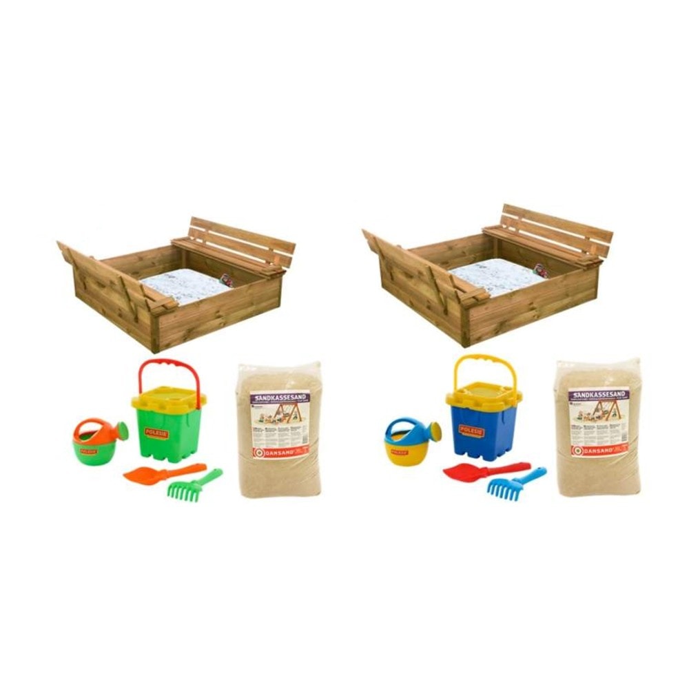 Nordic Play sandkasse med bænk og låg, 240 kg sand og strandsæt 120 x 120 cm