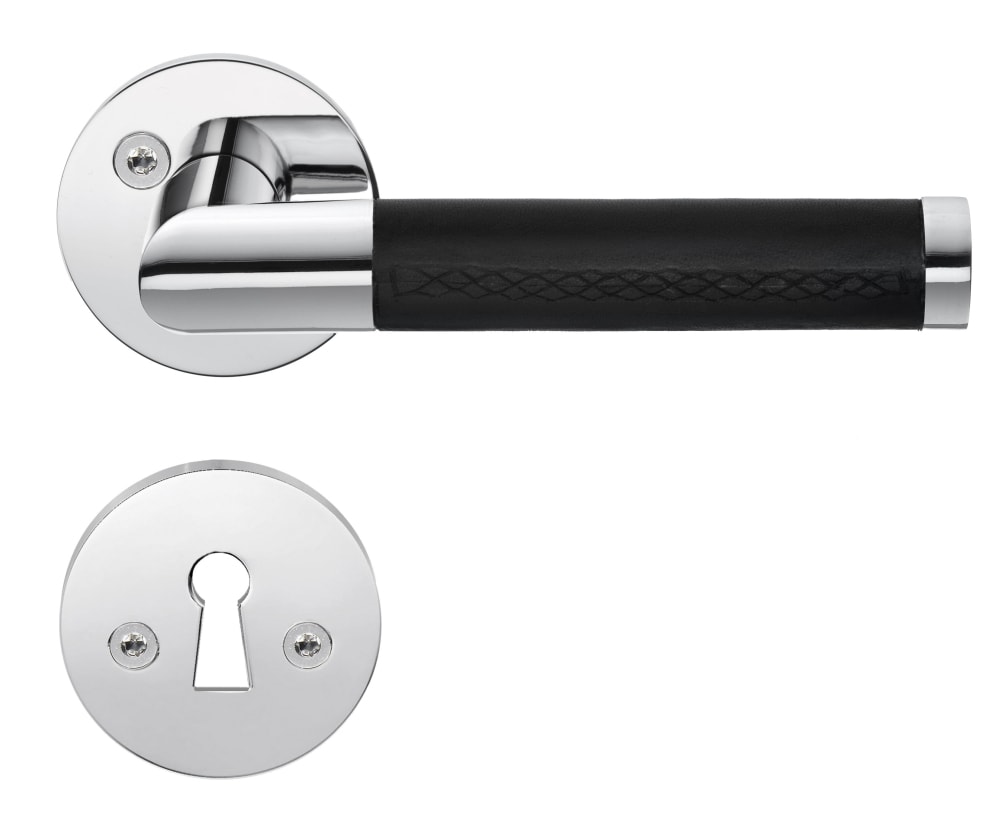 Beslagsboden B858 Design indendørsgreb poleret krom/sort læder 115 mm