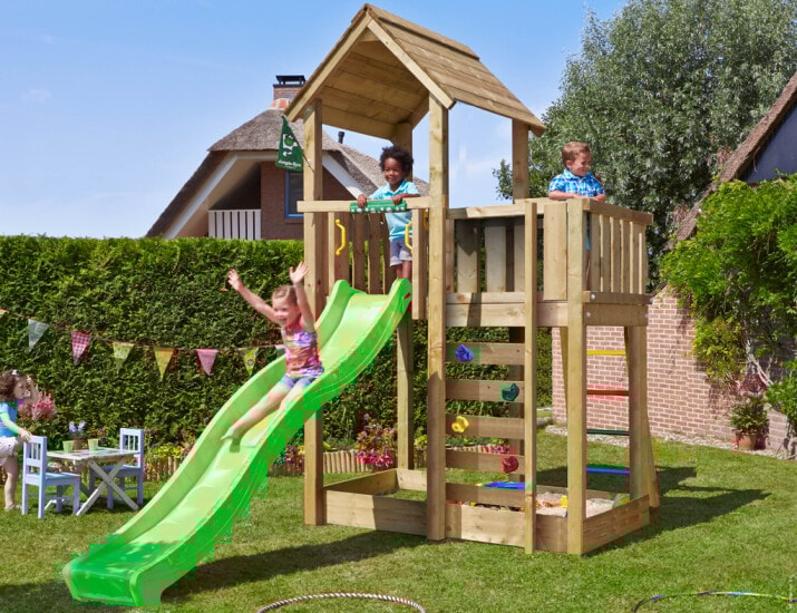 Jungle Gym Mansion 2.1 legetårn med 120 kg sand og grøn rutsjebane
