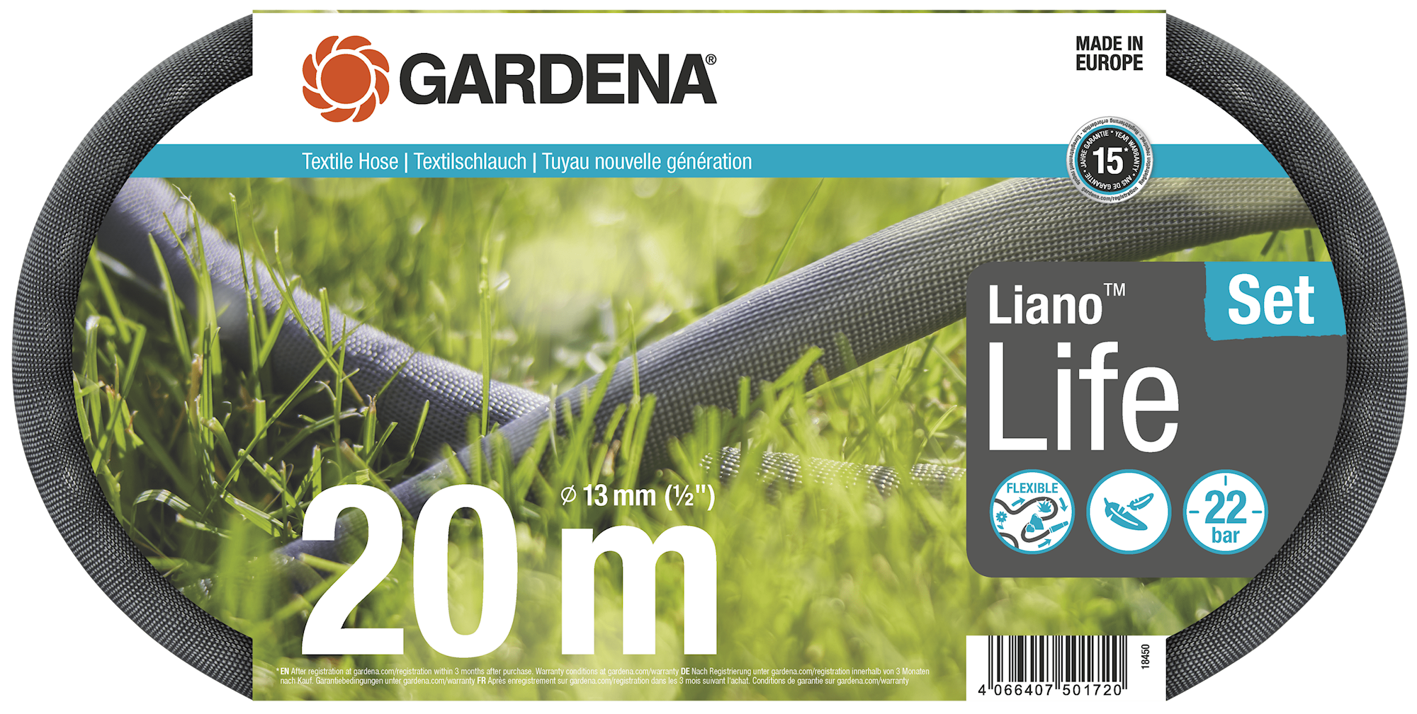 Gardena Tekstilslange Liano™ Life 20m 1/2" sæt med strålemundstykke