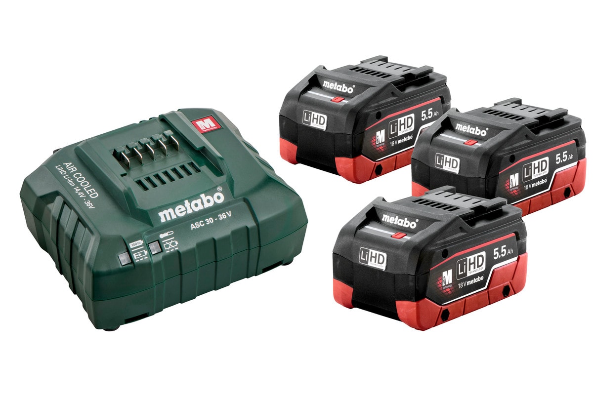 Metabo batteri & lader 18V 3×5,5 Ah LiHD + ASC 30–36V
