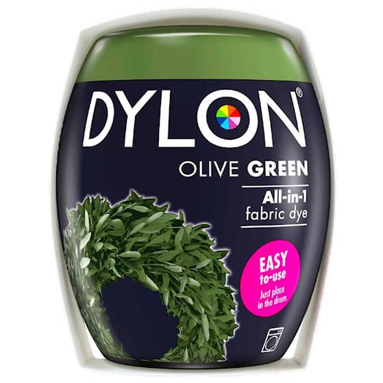 Dylon maskin tekstilfarve 34 Olive Green med salt. Pakke med 350 gram.