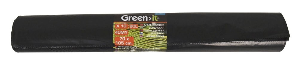 Green>it affaldssæk 90 liter/40my. Sort. Rulle med 10 stk.