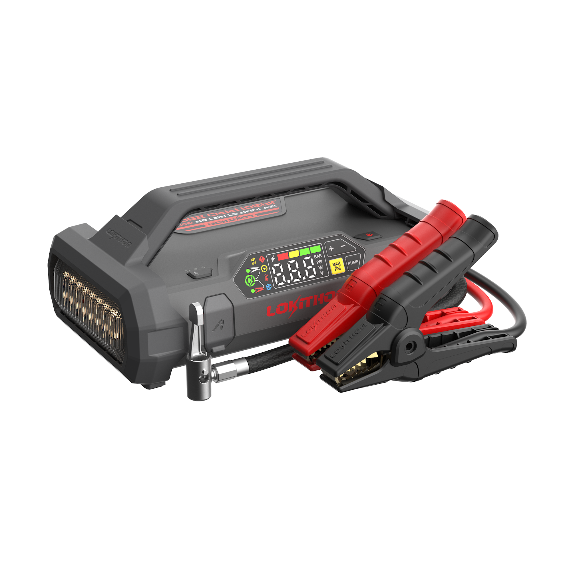 Lokithor JA302 PRO Jumpstarter 3000A med kompressor, powerbank og LED-lys