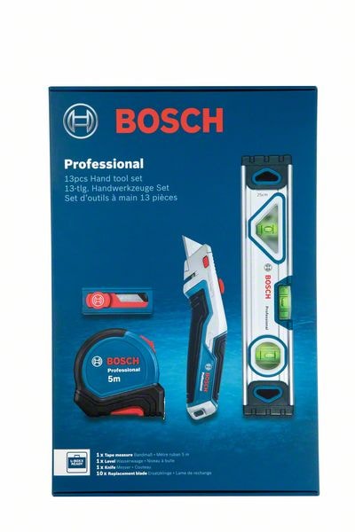 Bosch Pro værktøjssæt med universalkniv, vaterpas, målebånd og reserveklinger
