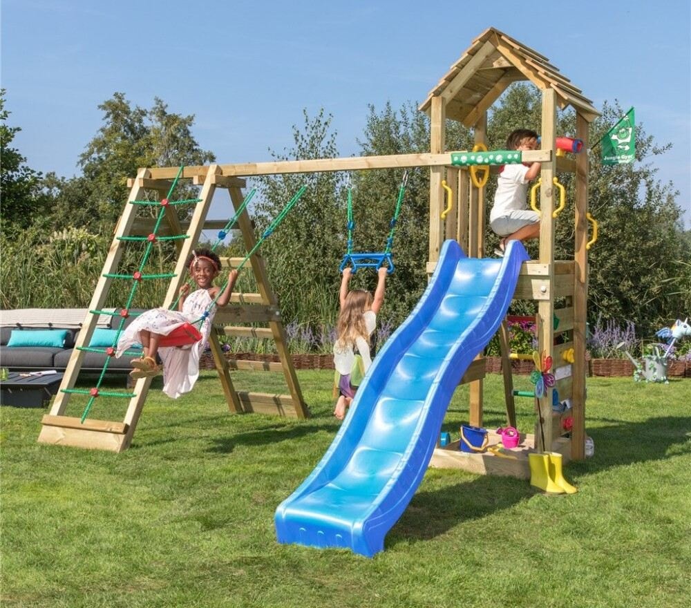 Jungle Gym Cocoon legetårn komplet med 2-Climb Modul 200 og blå rutsjebane