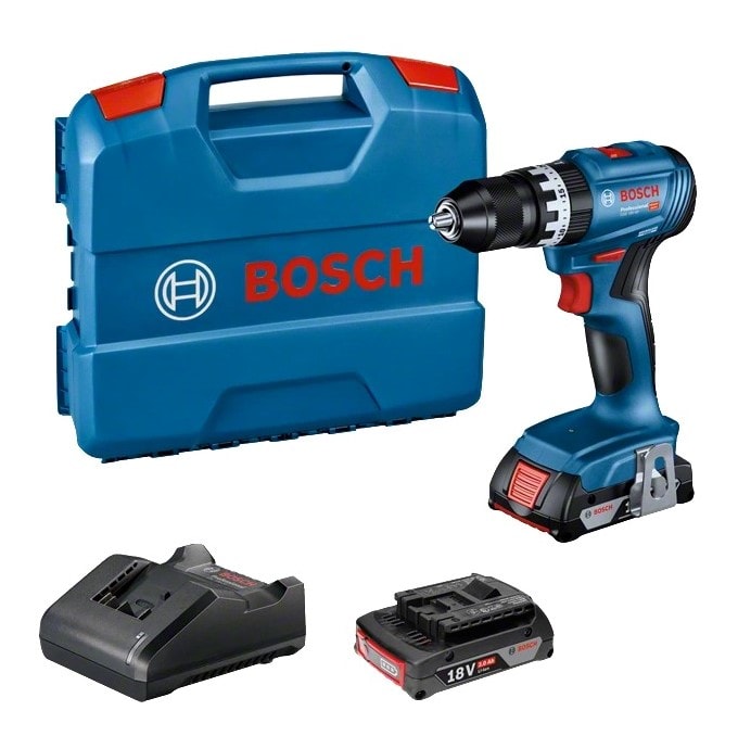 Bosch GSB 18V-45 slagboremaskine med 2 x 2,0 Ah batteri og lader L-Case