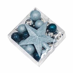 Nordic Winter sæt med julekugler og stjerne i blå og sølv 50 dele