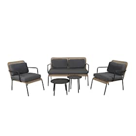 Venture Design Paola loungesæt i sort stål og naturflet med sorte hynder