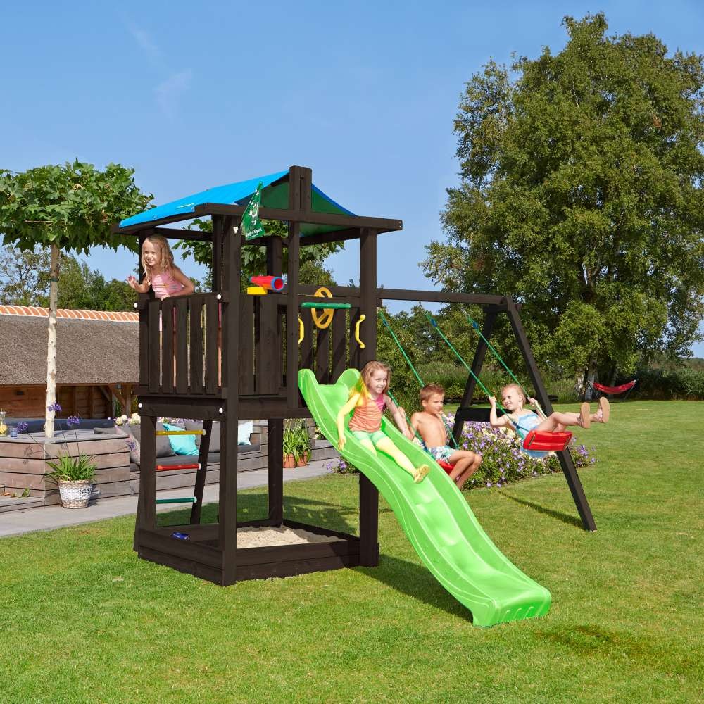 Jungle Gym Hut legetårn komplet med 2-Swing Modul 220 og rutsjebane, grundmalet