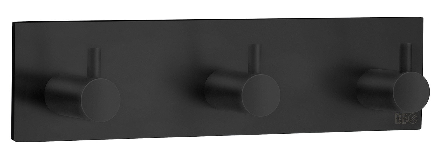 Beslagsboden knagerække i sort med 3 knager, selvklæbende 180 x 45 mm