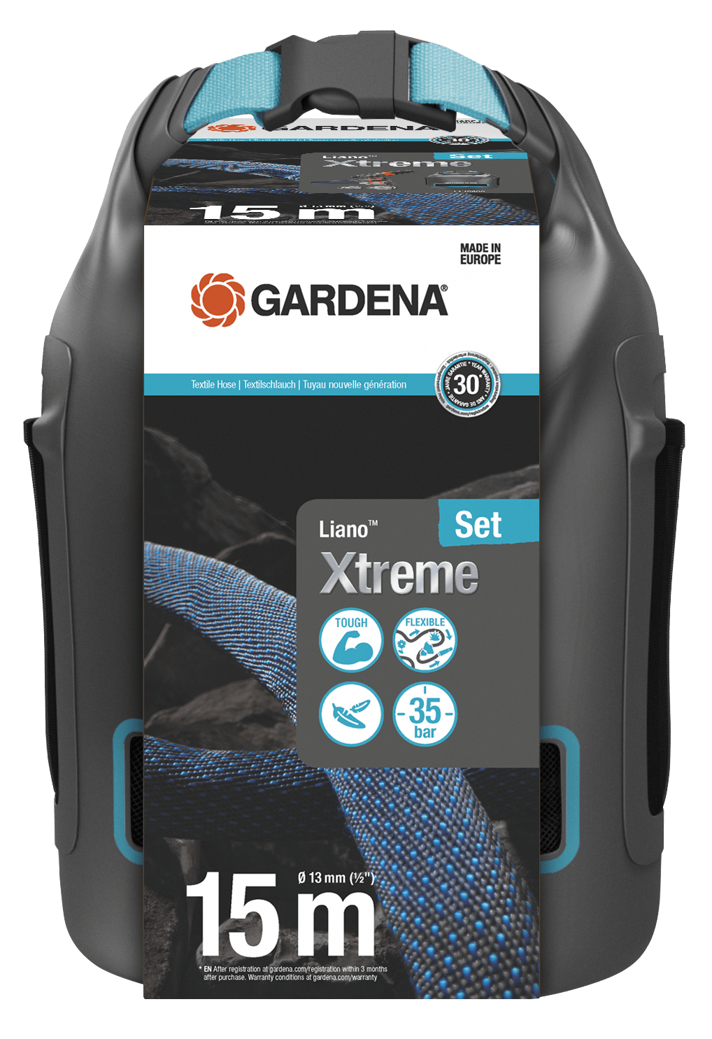 Gardena Tekstilslange Liano™ Xtreme 15 m 1/2" Sæt med strålemundstykke og opbevaringstaske