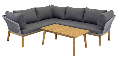 Venture Design Chania hjørnesofa i grå/akacietræ med mørkegrå hynder og sofabord