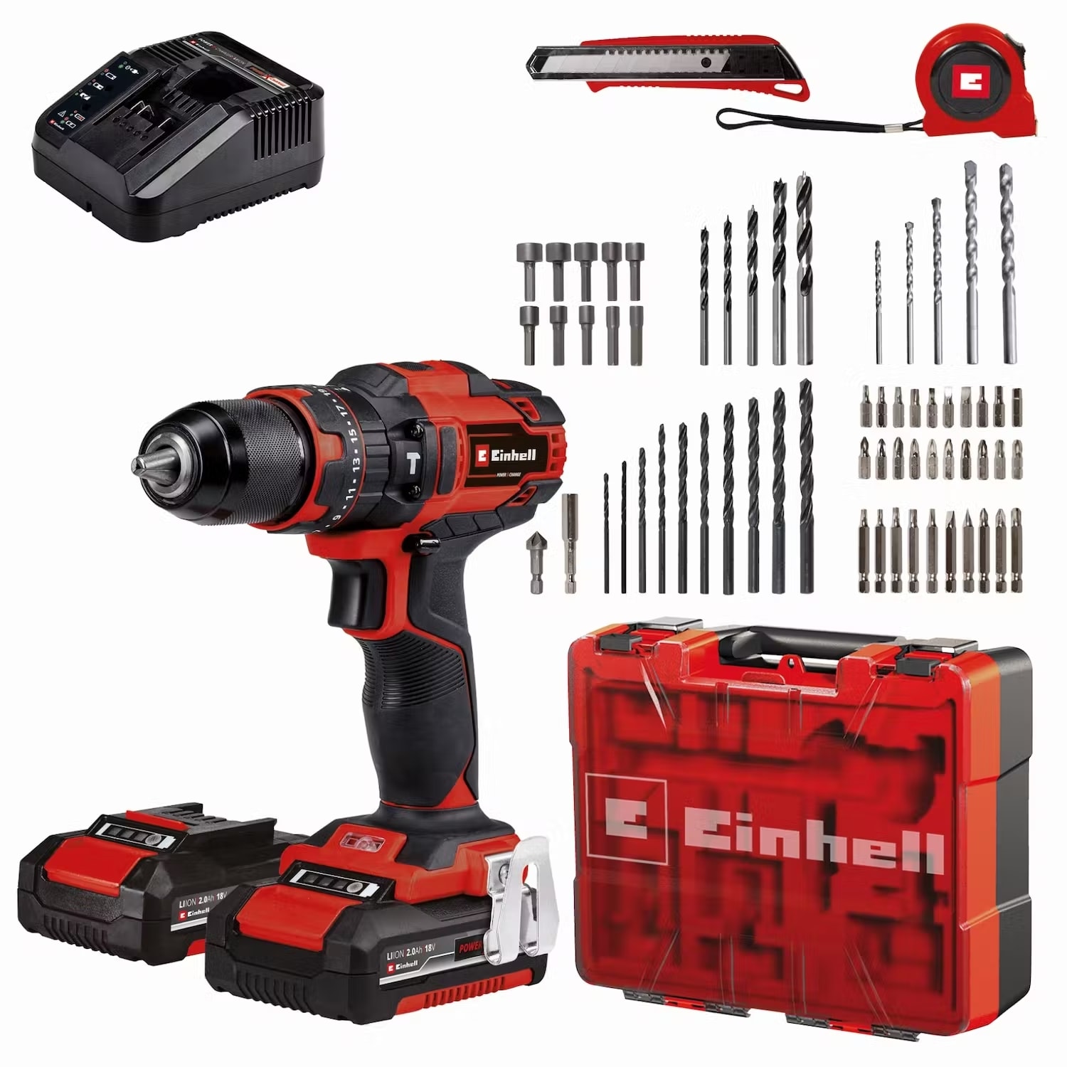 Einhell TE-CD 18/40 slagbore-/skruemaskine 18V med 2 x 2,0 Ah batteri og tilbehør