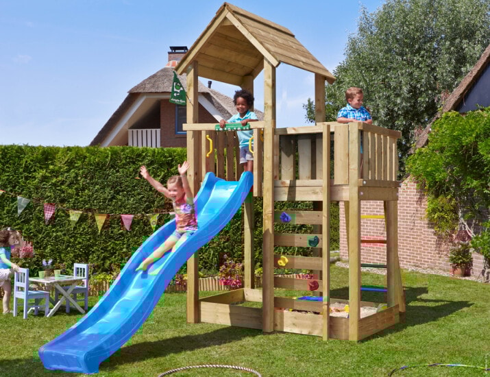 Jungle Gym Mansion 2.1 legetårn med 120 kg sand og blå rutsjebane
