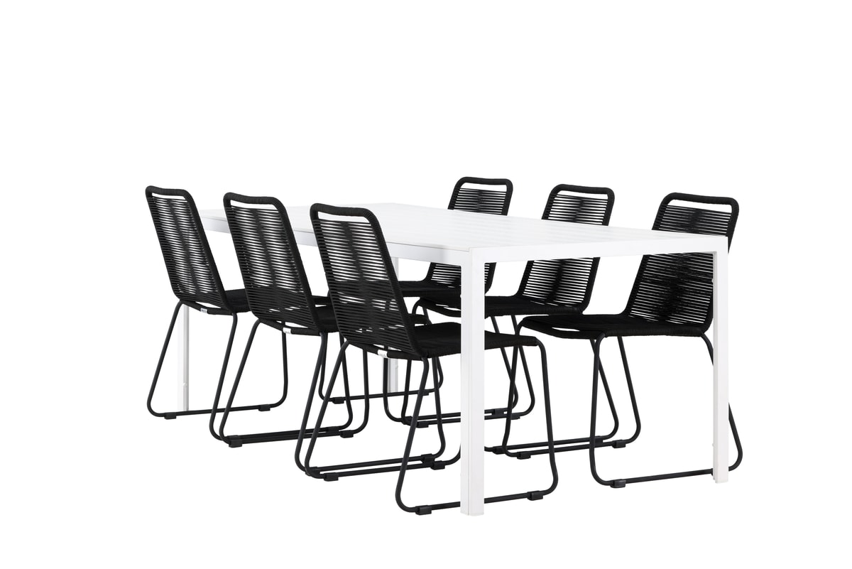 Venture Design Break & Lindos møbelsæt med bord i hvid og 6 stabelstole i sort