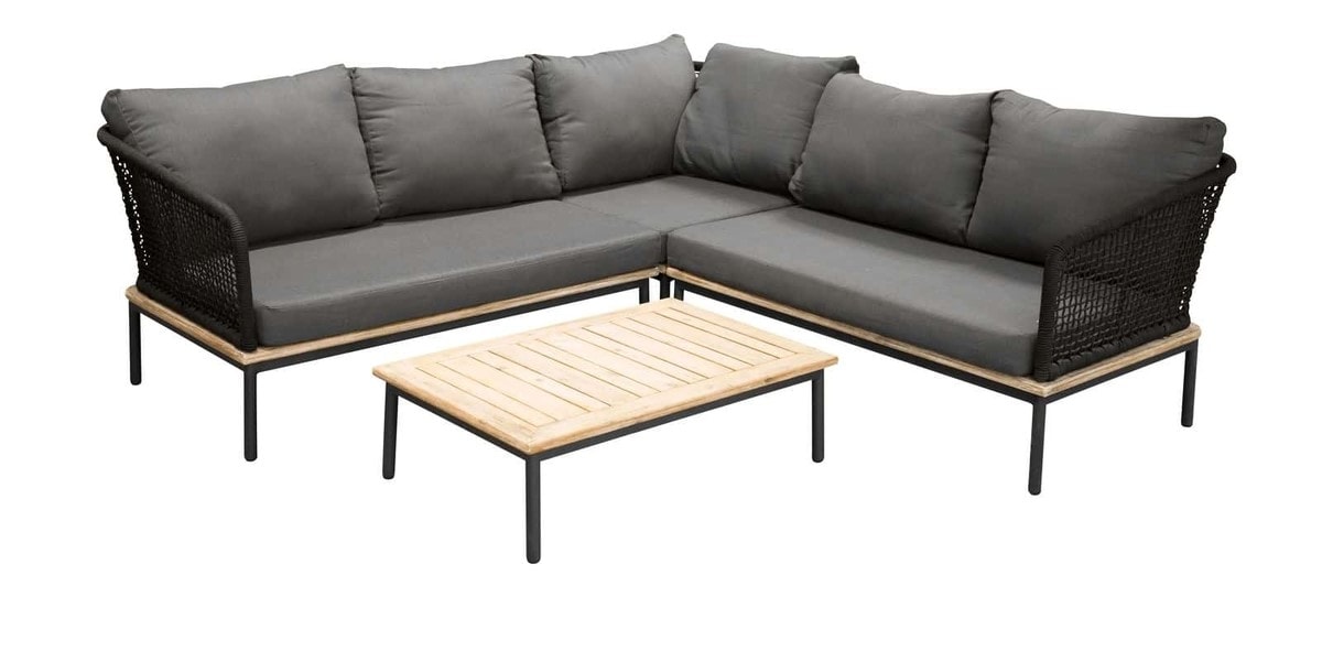 Venture Design Andorra hjørnesofa i sort/akacietræ med grå hynder og sofabord