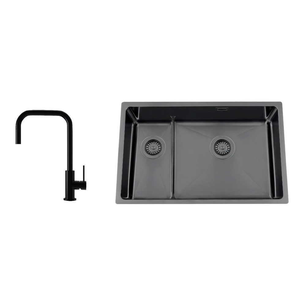 Nordic Tech Titan 73 KHX Nickel køkkenvask sort m PS Accent Square Shadow armatur