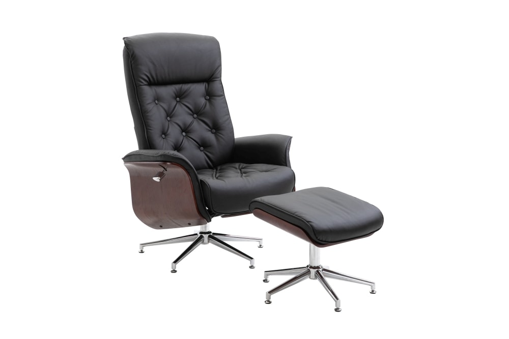 Venture Design Göran Recliner lænestol i sort/mørkt træ med fodskammel