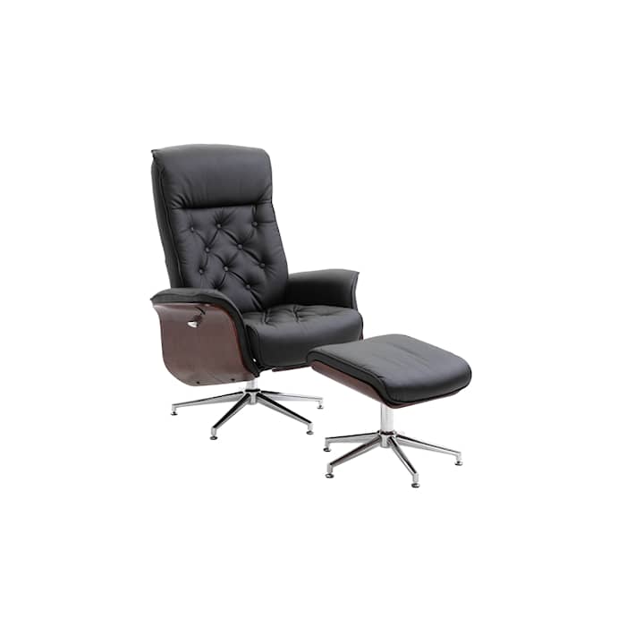 Venture Design Göran Recliner lænestol i sort/mørkt træ med fodskammel