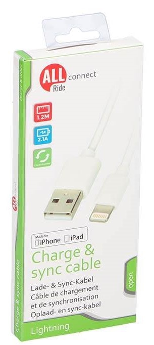 Allride Connect 2,0 ladekabel USB til lightning 1,2 meter - Tilbehør til bil, Biltilbehør