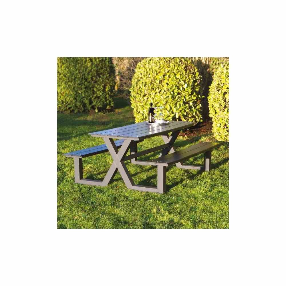 Hortus bord-bænkesæt X-model i sort polywood/alu 151 x 176 x 72/44 cm