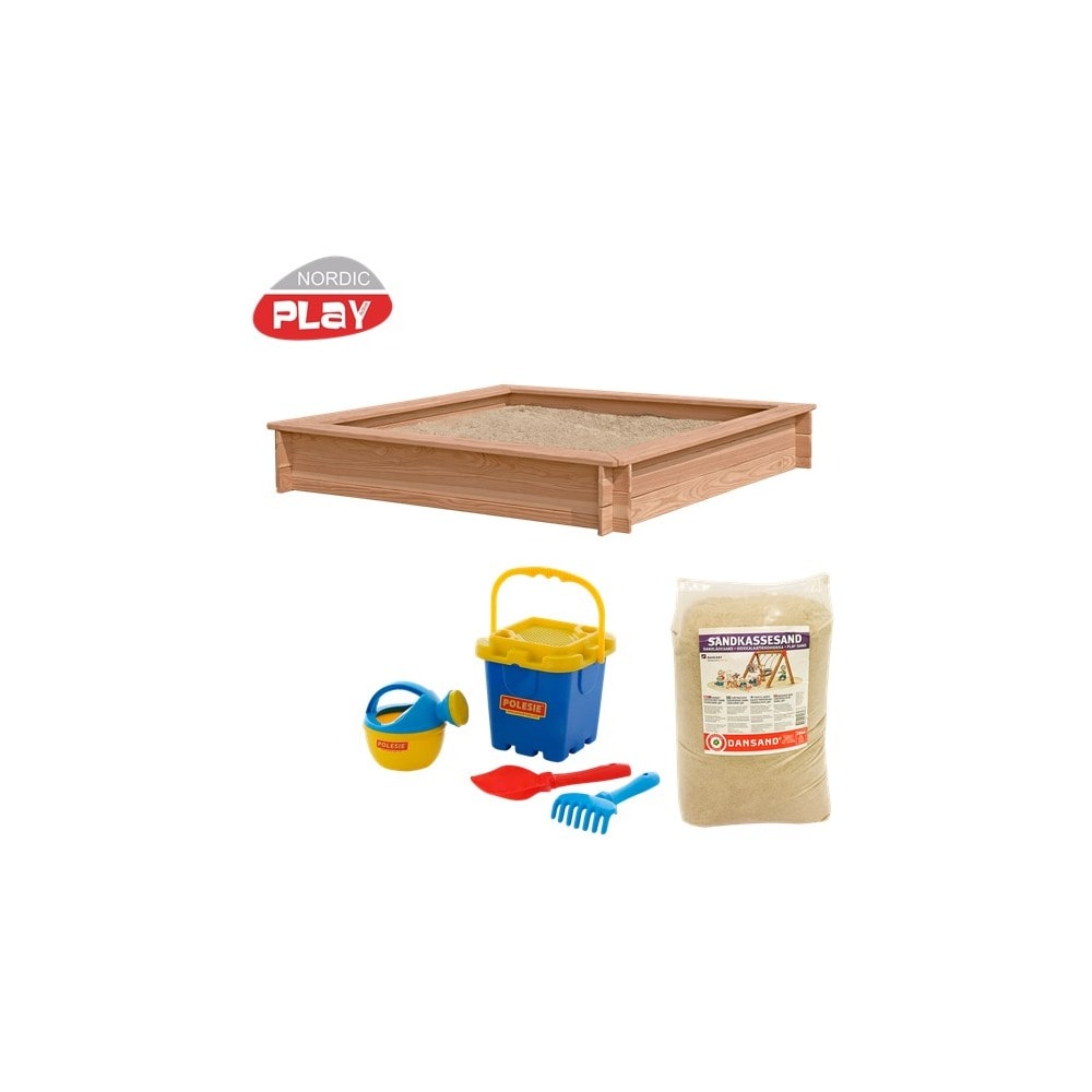 Nordic Play sandkasse i lærketræ med 240 kg sand og strandsæt i grøn 150 x 150 cm
