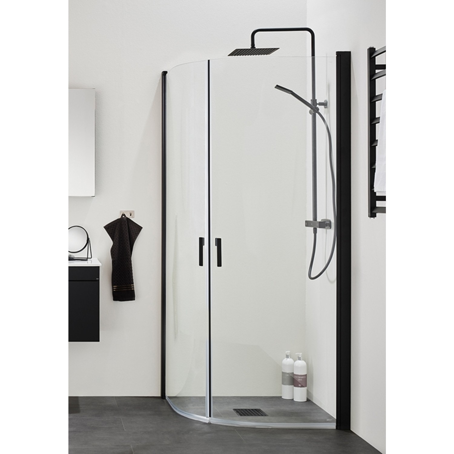 Hafa Igloo Pro Round brusehjørne buet i klart glas/sort 90 x 90 x 200 cm