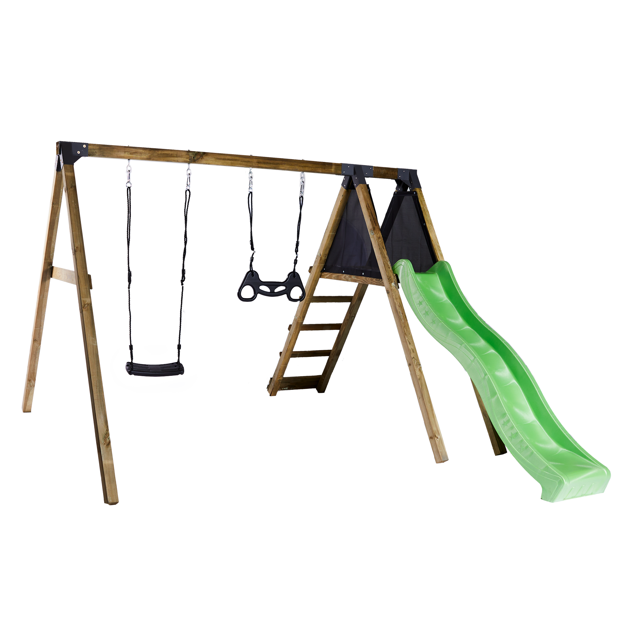 Nordic Play gyngestativ med Climb modul, gyngesæde i sort og trapezgynge i sort inkl. grøn rutsjebane