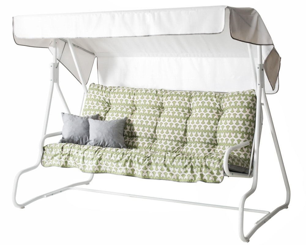 Varax De Luxe 3-S hængesofa i hvid inkl. hvid baldakin og grønmønstret hynde