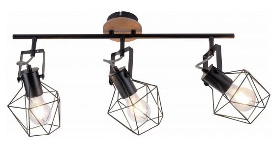 LeuchtenDirekt Jaro Vintage loftskinne sort trådgitter/mørkt træ 3xE27