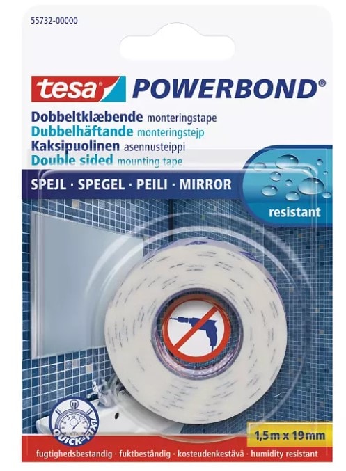 Tesa Powerbond dobbeltklæbende monteringstape Mirror 1,5 m x 19 mm