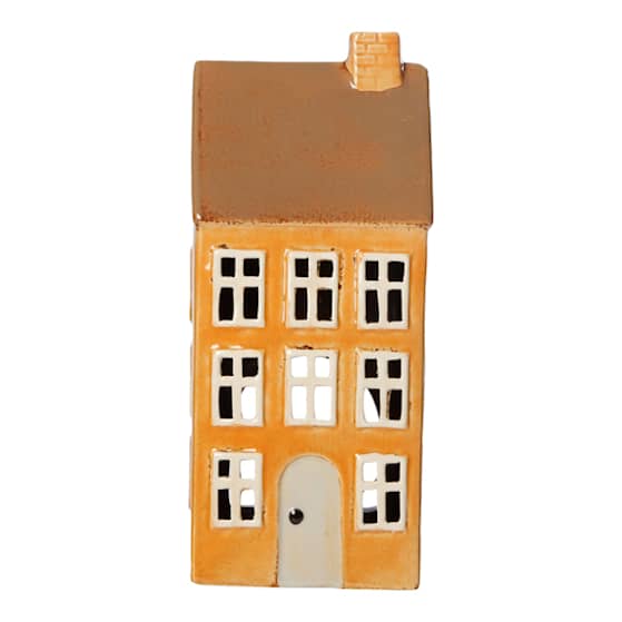 Det Gamle Apotek keramisk hus til fyrfadslys gul H20,5 B10 x D8,5 cm