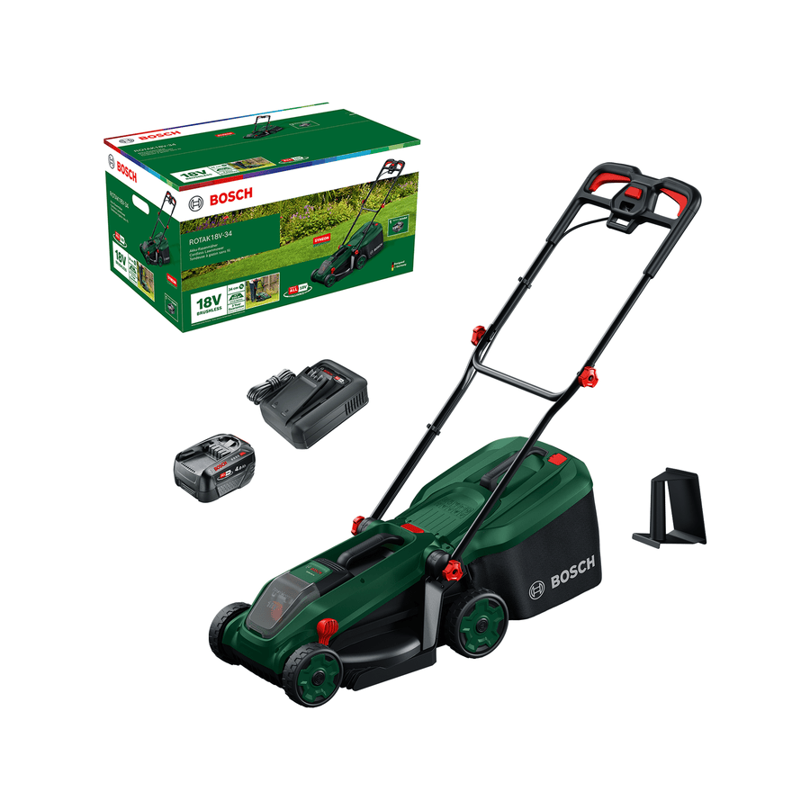 Bosch DIY plæneklipper Rotak 18V-34 med 1 x 4 Ah batteri og lader