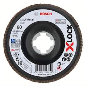 Bosch X-LOCK-lamelslibeskiver, vinklet udførsel, på bæreskive i kunststof og en diameter på 115 mm, G 60, X571, Best for Metal, 1 stk.