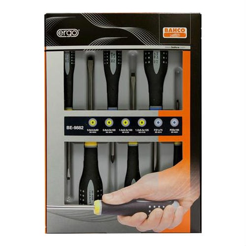 Bahco skruetrækkersæt Ergo BE-9882 med 6 stk. tilPZ- og lige kærv skruer